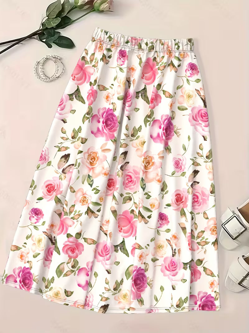 High-Waisted A-Line Floral Maxi Skirt - Romantic Rose Print Flowy Summer Skirt