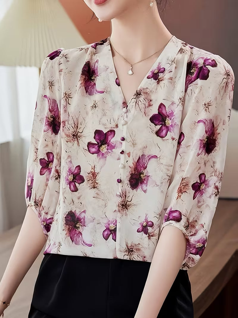 Elegant Floral V-Neck,Vintage Floral Print Top