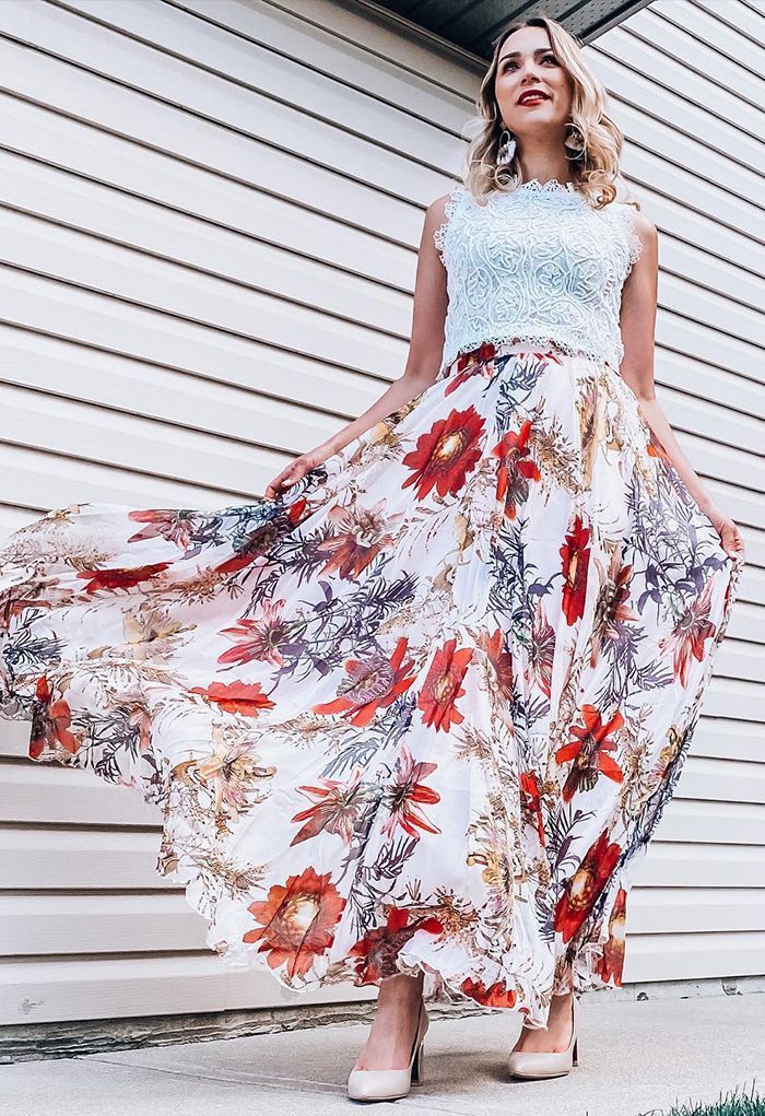 Ivory Bloom Tropical Floral Print Flared Maxi Skirt