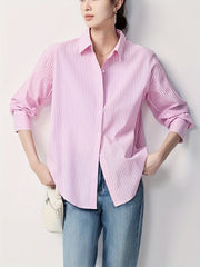 Soft Blush Pink with White Stripes Women’s Casual Cotton Shirt