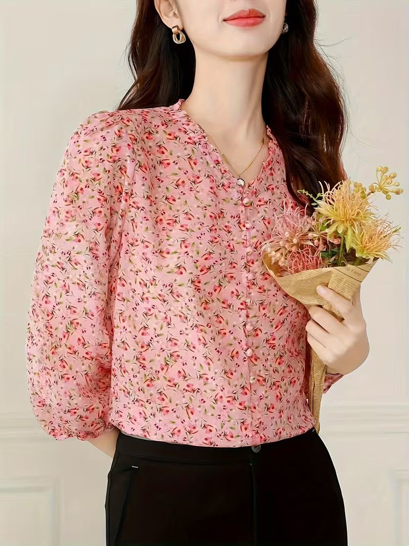 Long puff sleeves with gathered cuffs Mini Floral Print Top