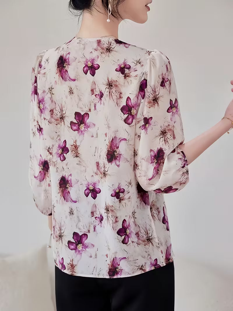 Elegant Floral V-Neck,Vintage Floral Print Top