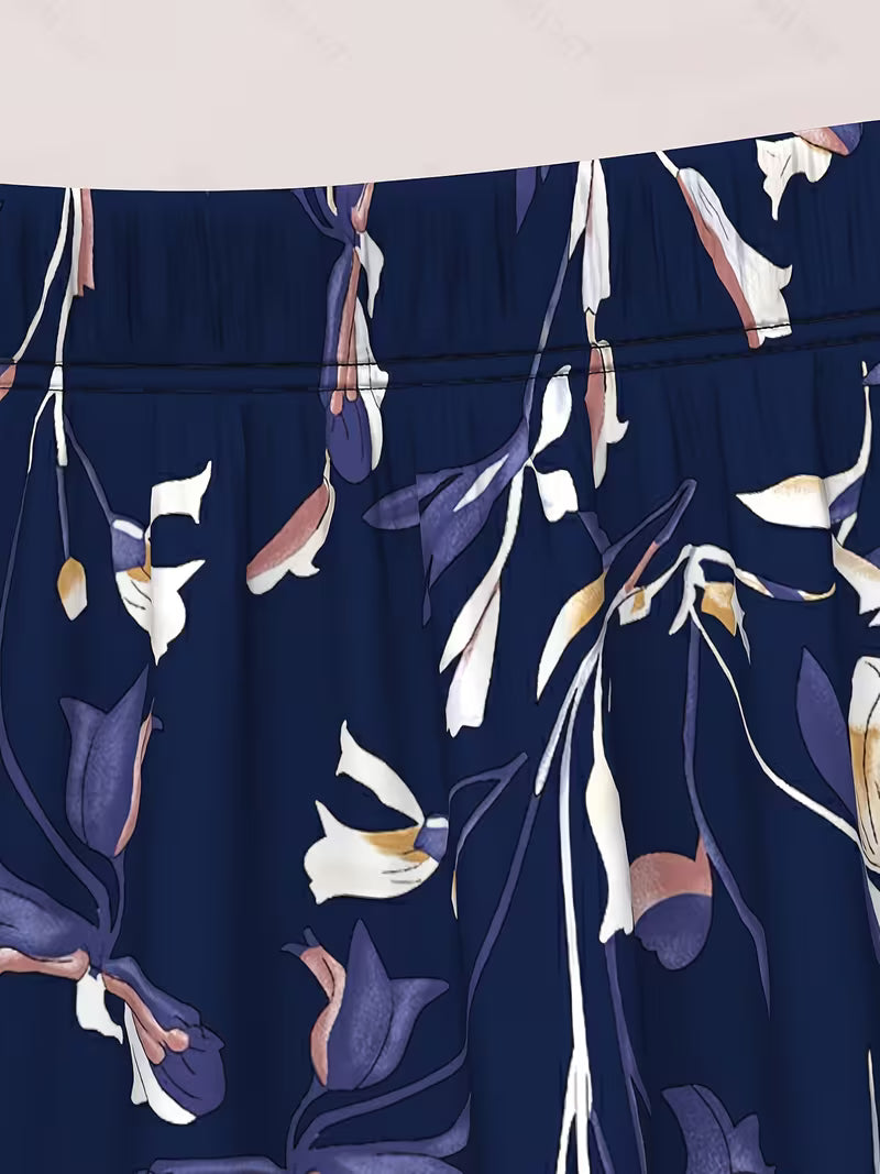 Elegant Navy Blue Floral Printed Skirt