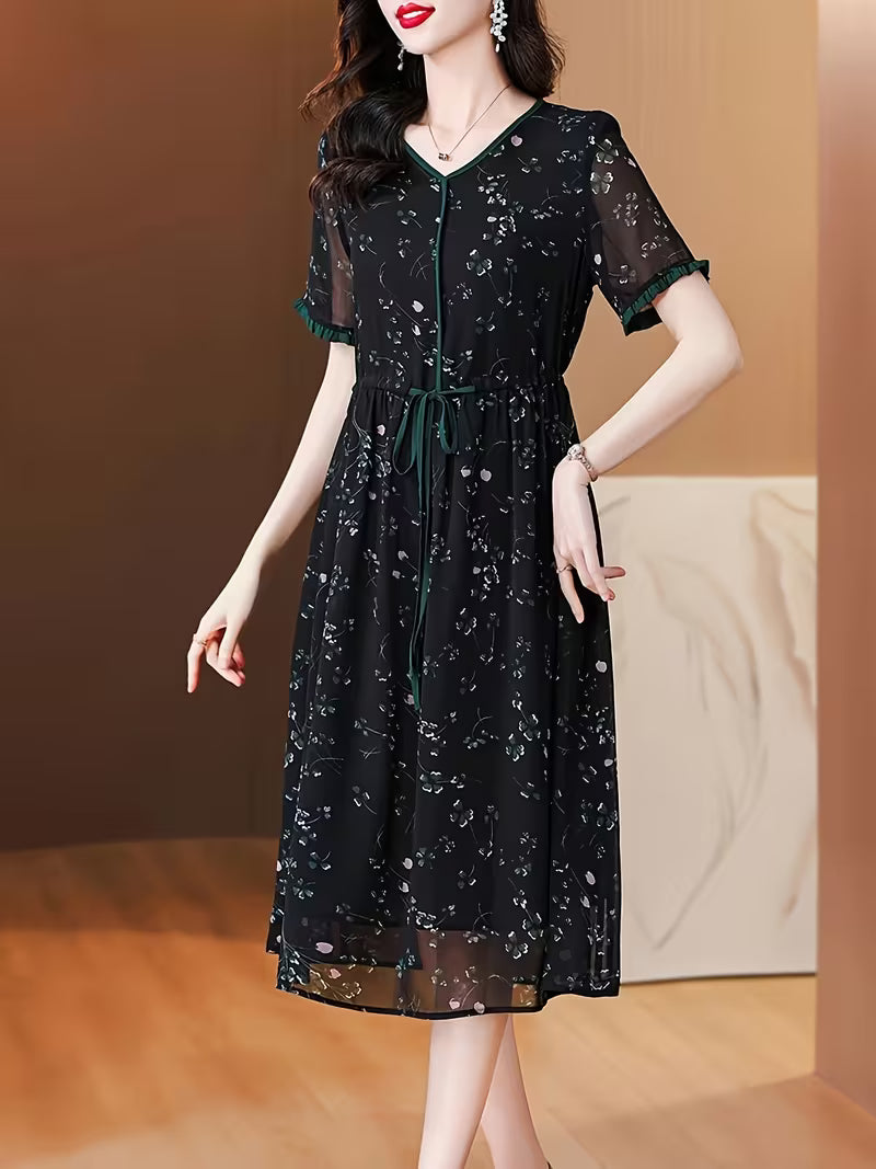 Elegant Black Abstract Floral Print Midi Dress