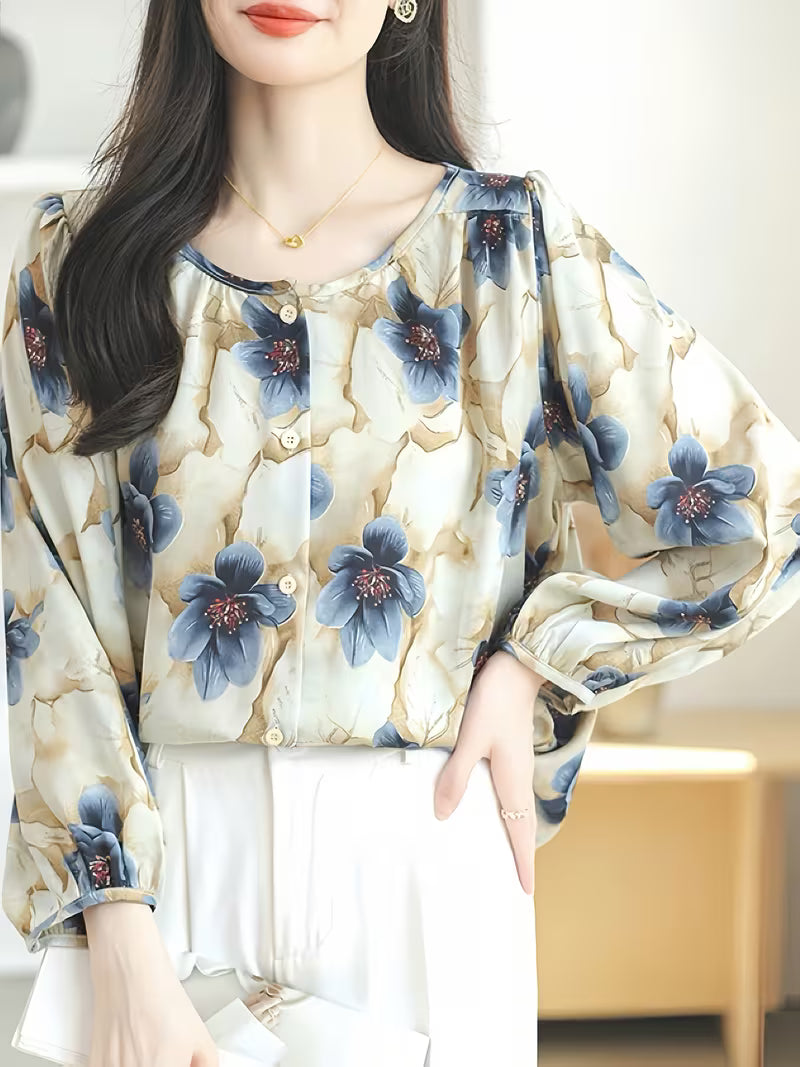 This elegant Top features a dreamy floral print with oversized blue petals, Top