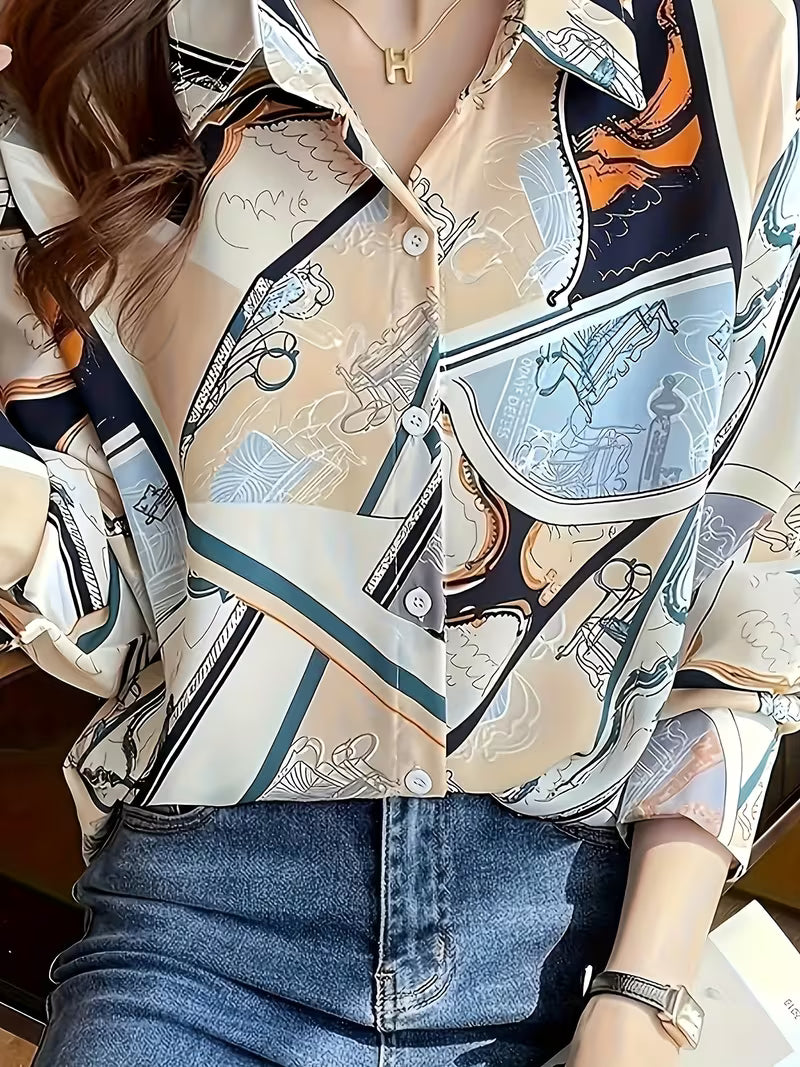 This stylish button-up shirt features a unique blend of abstract