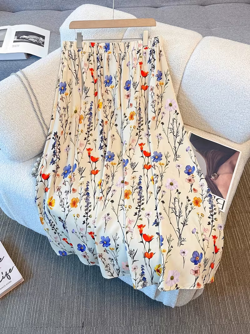 Ivory Meadow Bloom Women’s Maxi Skirt Flowing Lightweight Fabric with Romantic Floral