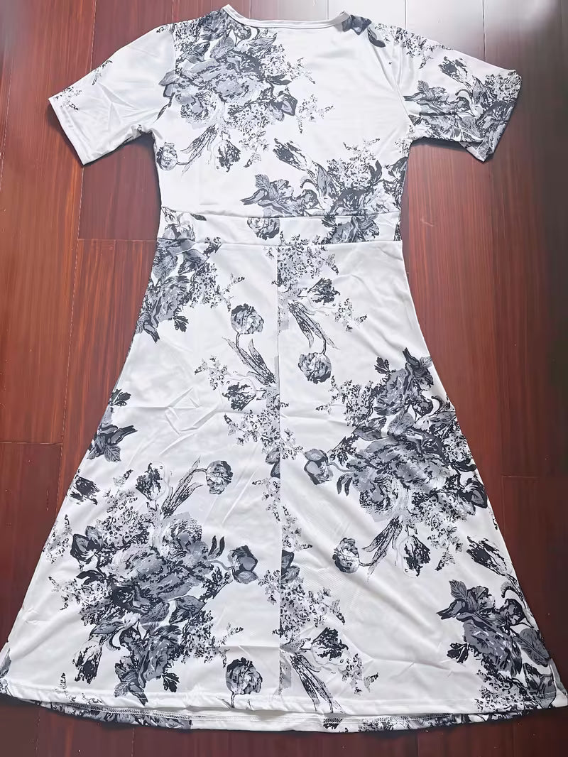 Black & White Ink-Wash Floral Organza Fusion Midi Dress