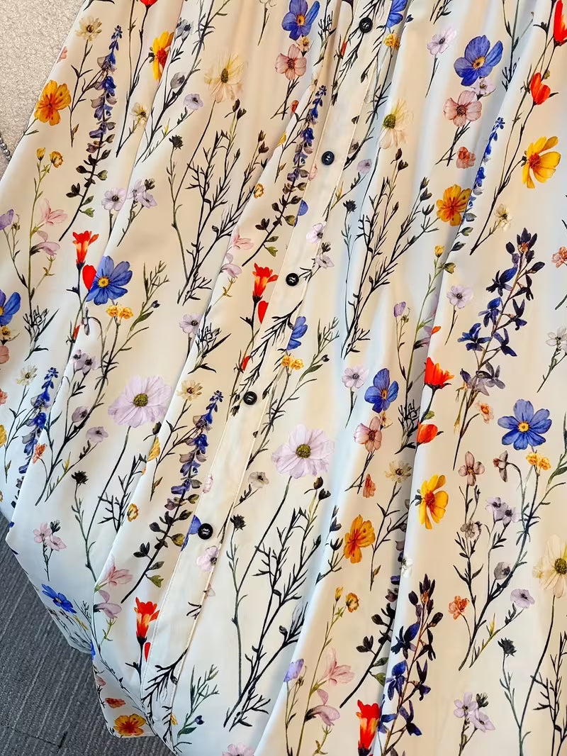 Ivory Meadow Bloom Women’s Maxi Skirt Flowing Lightweight Fabric with Romantic Floral