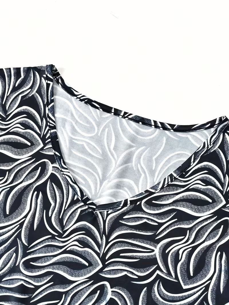 Women’s Monochrome Leaf Print Long  Dress