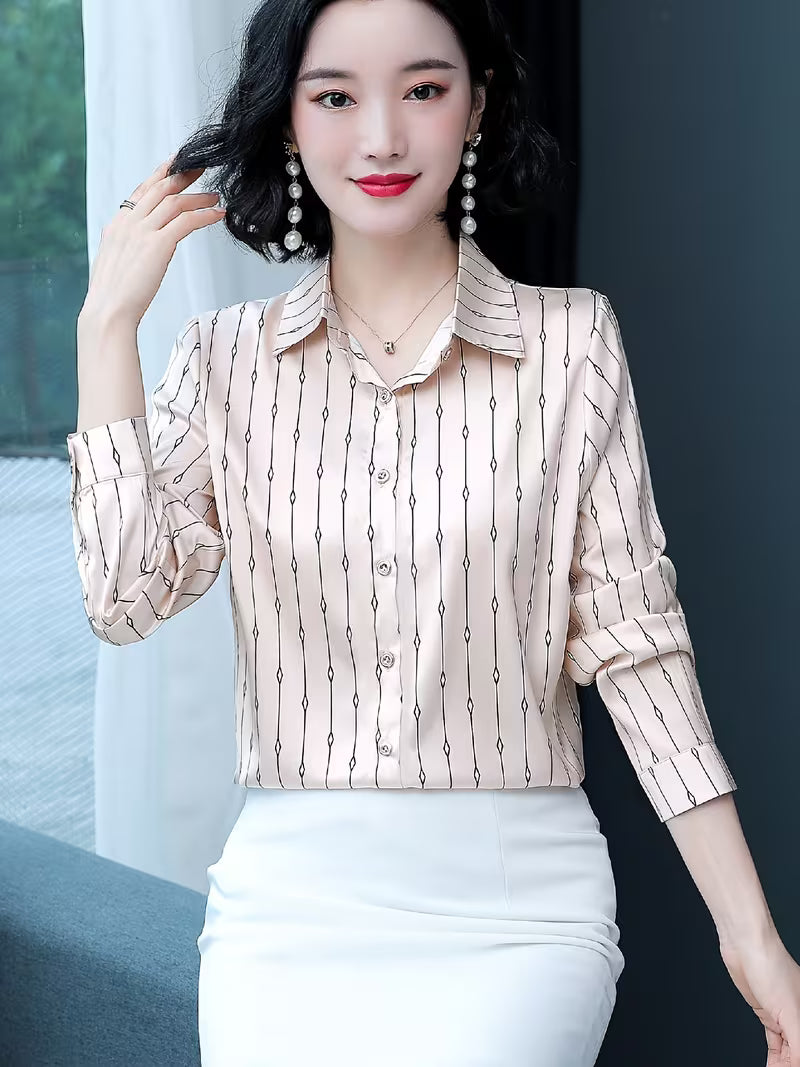 Silk Satin Geometric Diamond Stripe Shirt