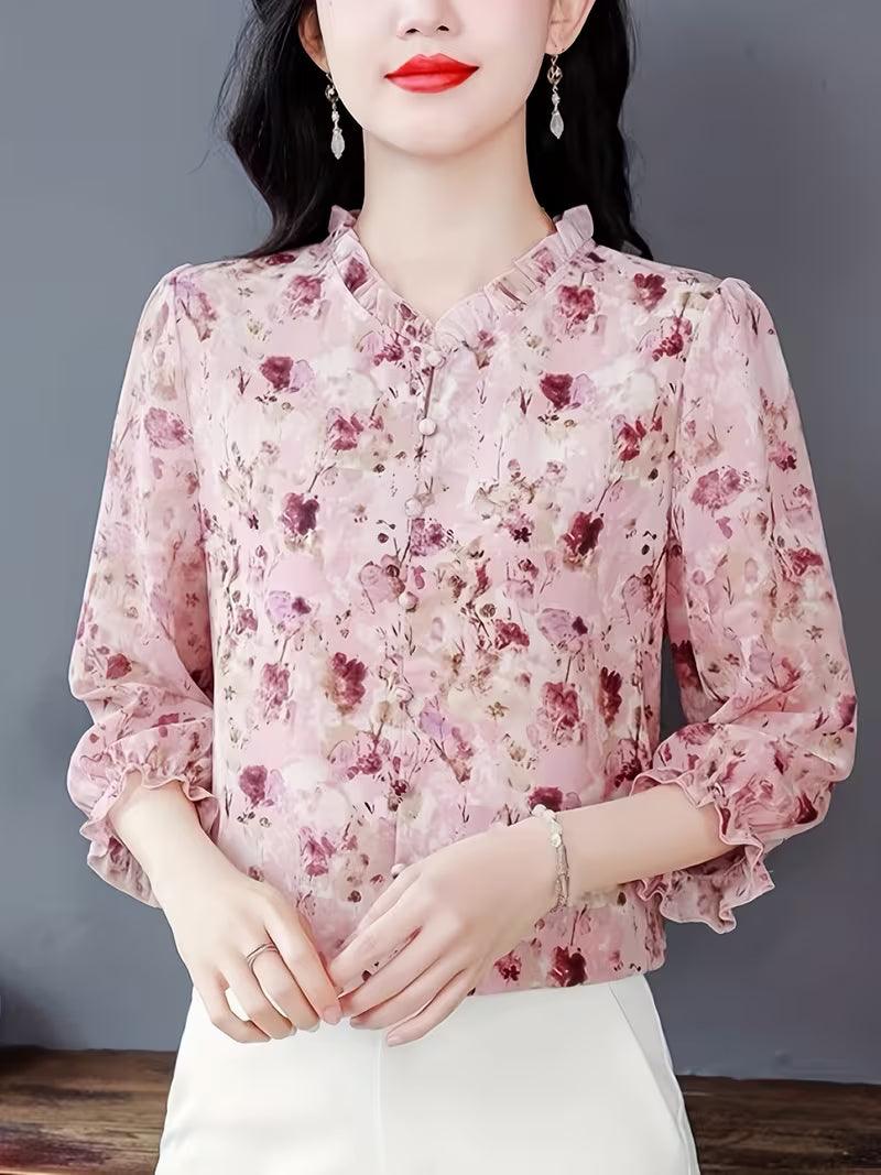 Elegant Floral Ruffle And Soft Pink & Burgundy Floral Top