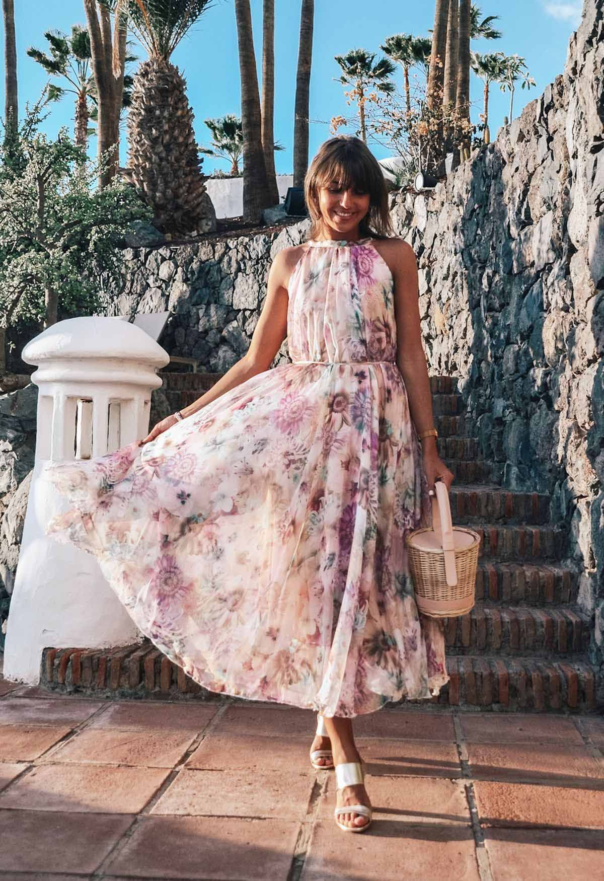 Sunflower Blossom Watercolor Chiffon Maxi Slip Dress