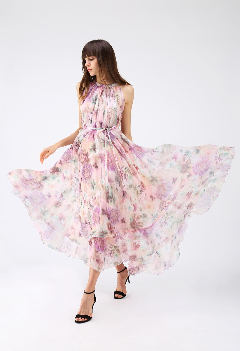 Sunflower Blossom Watercolor Chiffon Maxi Slip Dress