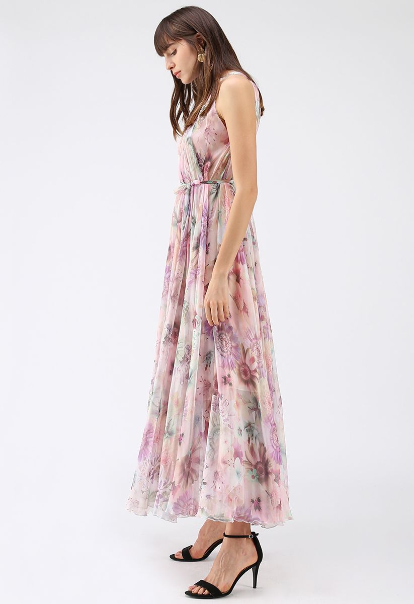 Sunflower Blossom Watercolor Chiffon Maxi Slip Dress