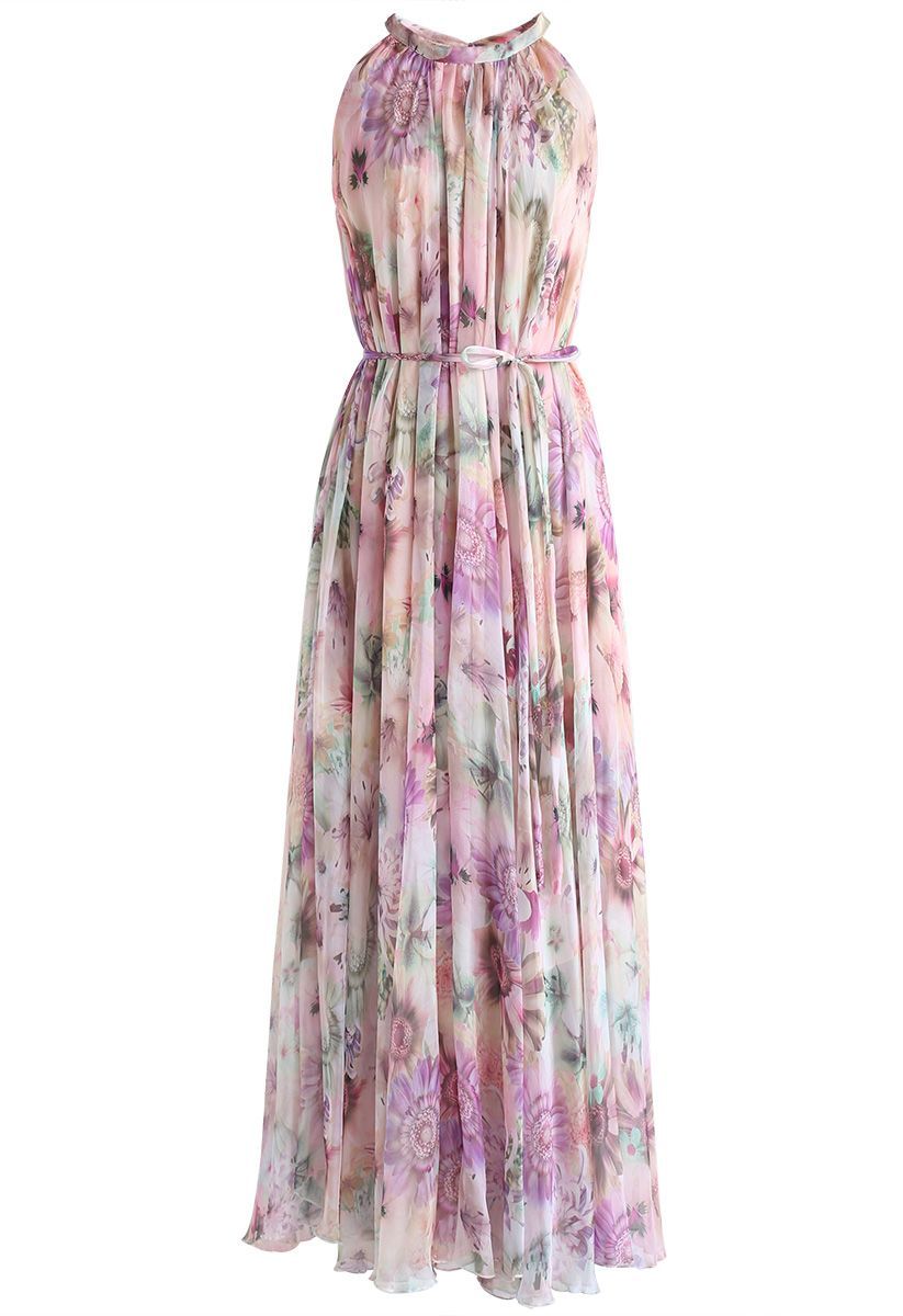 Sunflower Blossom Watercolor Chiffon Maxi Slip Dress