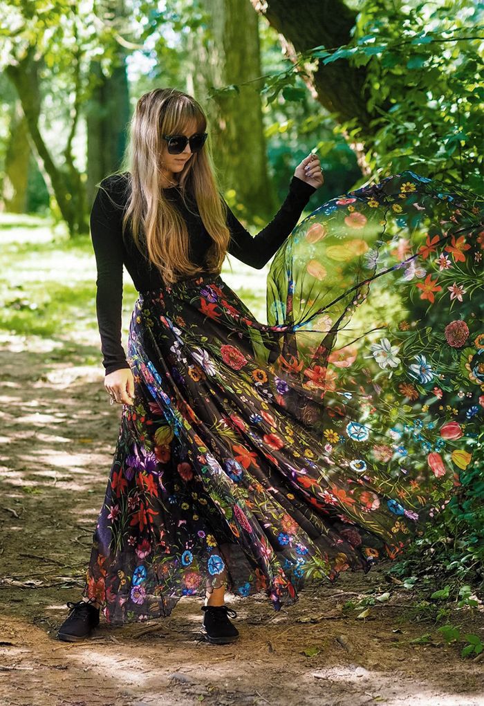 Black Tropical Garden Floral Georgette Maxi Skirt