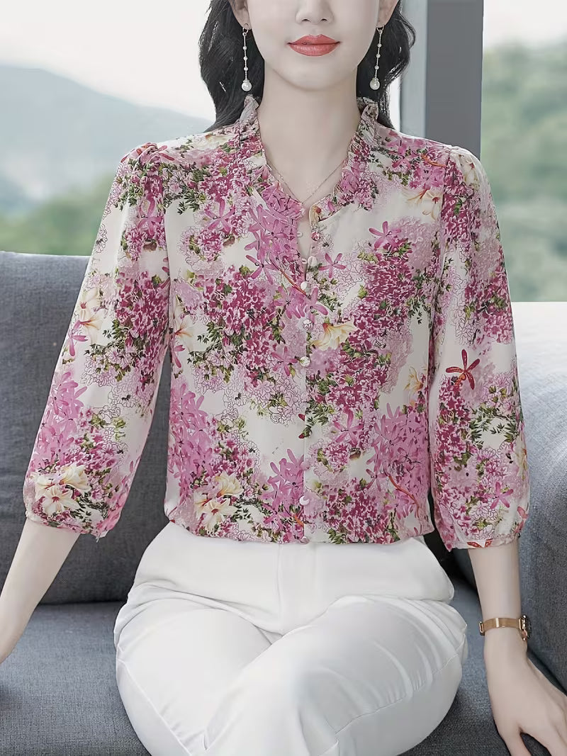 Elegant Lavender Floral Print Chiffon  with Ruffled Neck Top