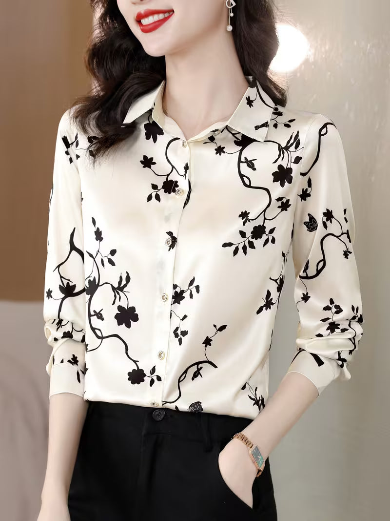 The Monochrome Botanical Satin Shirt in Champagne & Black