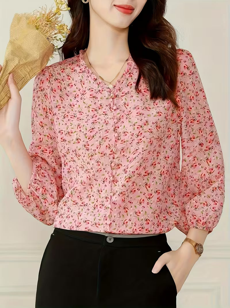 Long puff sleeves with gathered cuffs Mini Floral Print Top