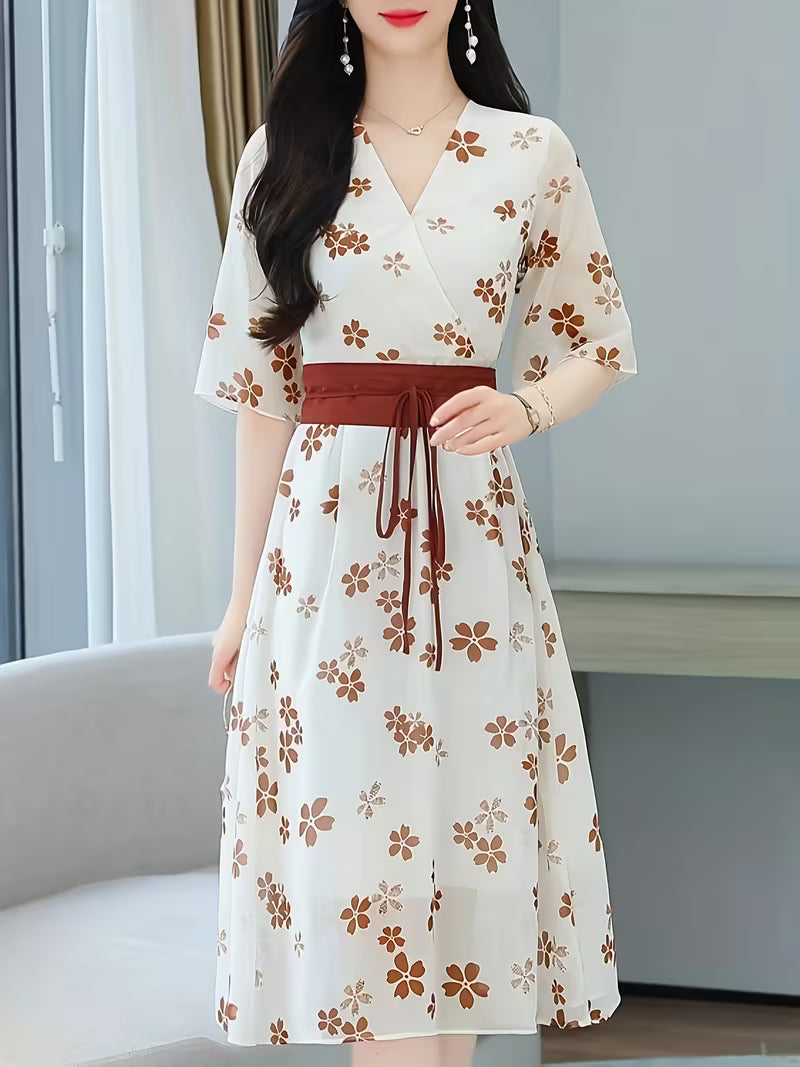 Brown Flower Print Casual with Belt  Midi Dress