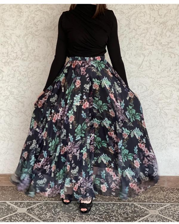 Bohemian Navy Floral High Waisted Chiffon Maxi Skirt
