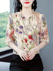 Champagne Silk-Satin Botanical Print Shirt – Vintage Ruffle Collar Edition