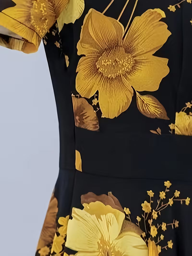 Women's Vintage Floral A-Line Midi Dress - Black & Mustard Gold