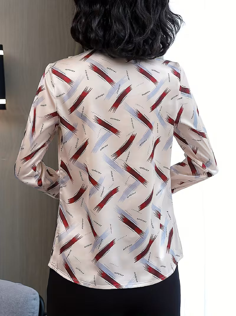 V-Neck Satin Silk Shirt in Geometric Brushstroke Print