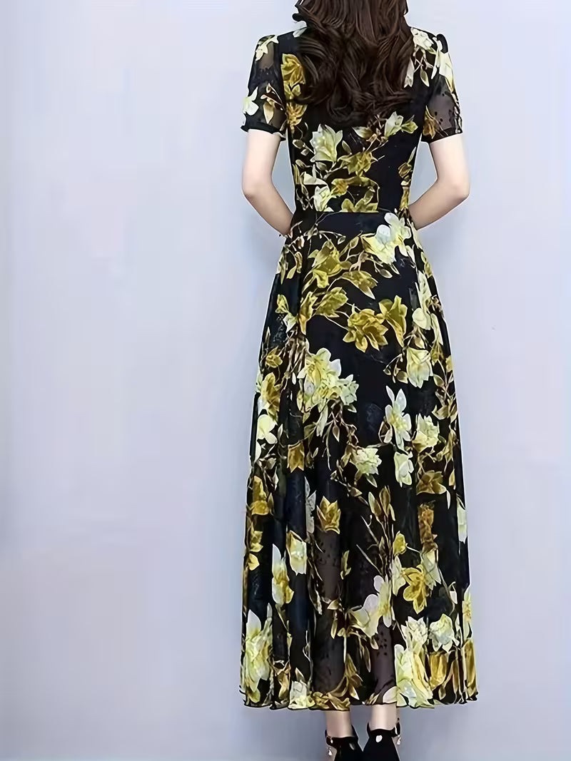 Elegant Black Chiffon Dress with Gold Foil Floral Print Dress