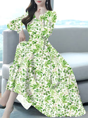 Green Botanical Print Long  Dress
