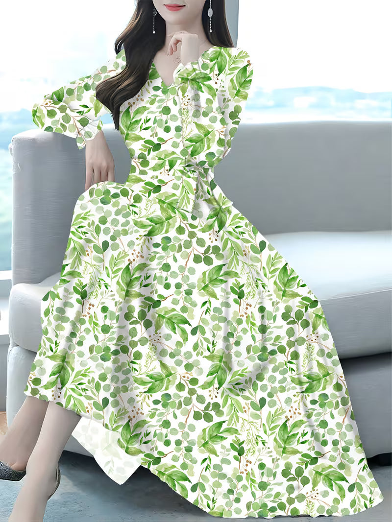 Green Botanical Print Long  Dress