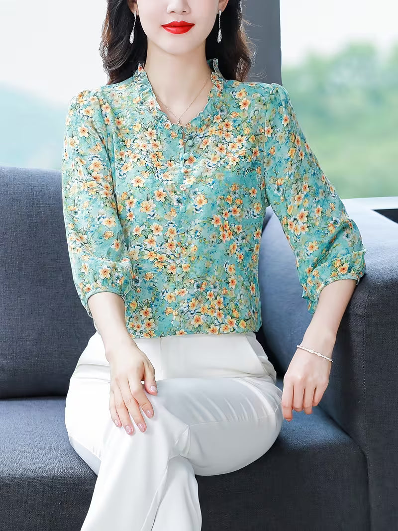 Teal Blue Ditsy Floral Georgette Top