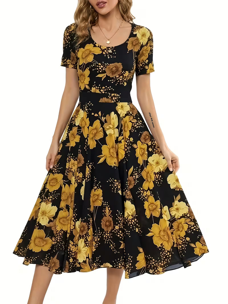 Women's Vintage Floral A-Line Midi Dress - Black & Mustard Gold