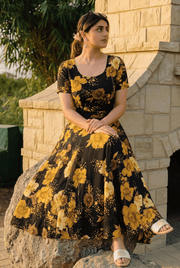 Women Vintage Floral A Line Midi Dress Black & Mustard Gold