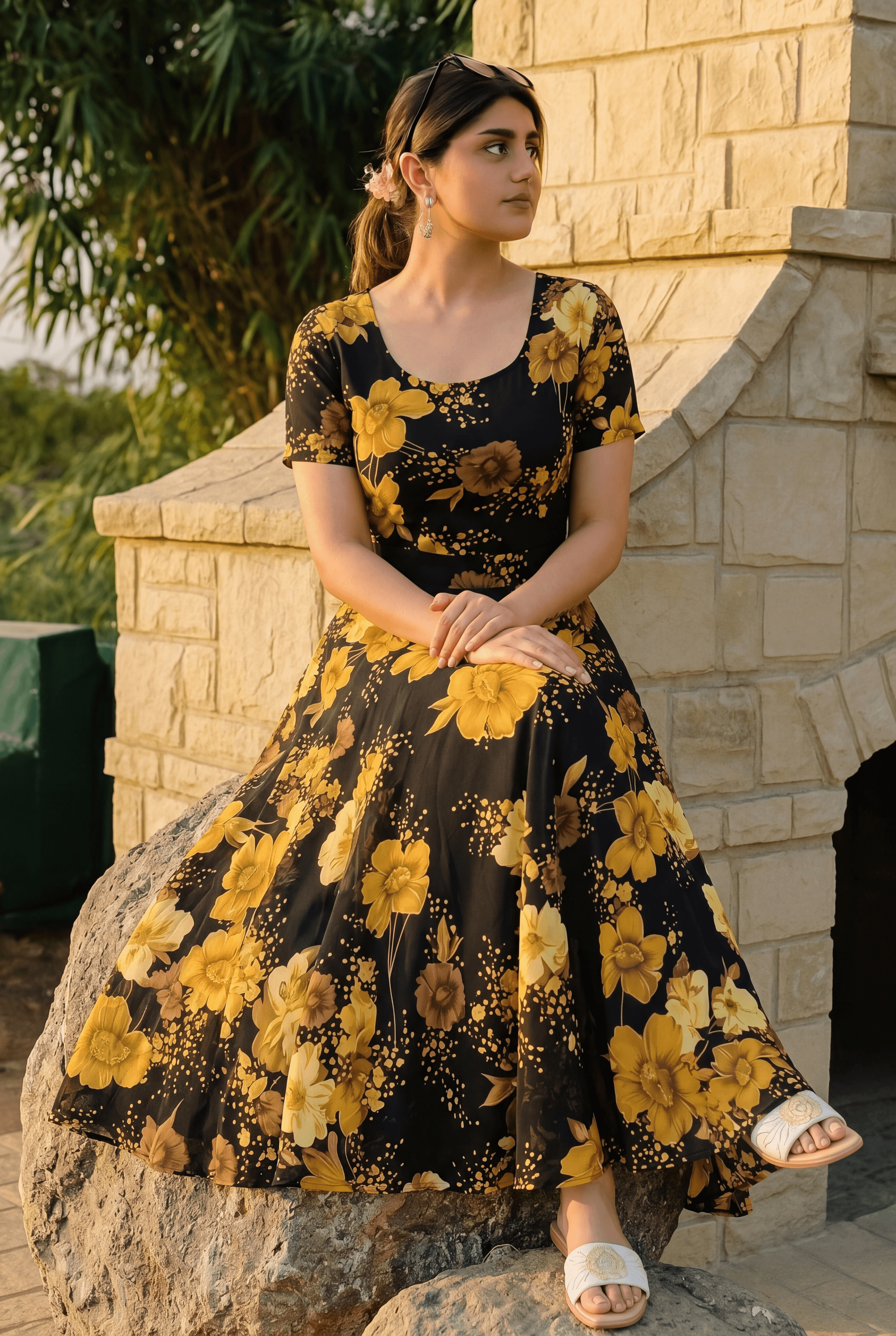 Women Vintage Floral A Line Midi Dress Black & Mustard Gold