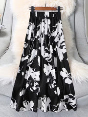 Modern Monochrome Floral Flared Skirt Black Base with White Abstract Florals and Airy Feminine Fit