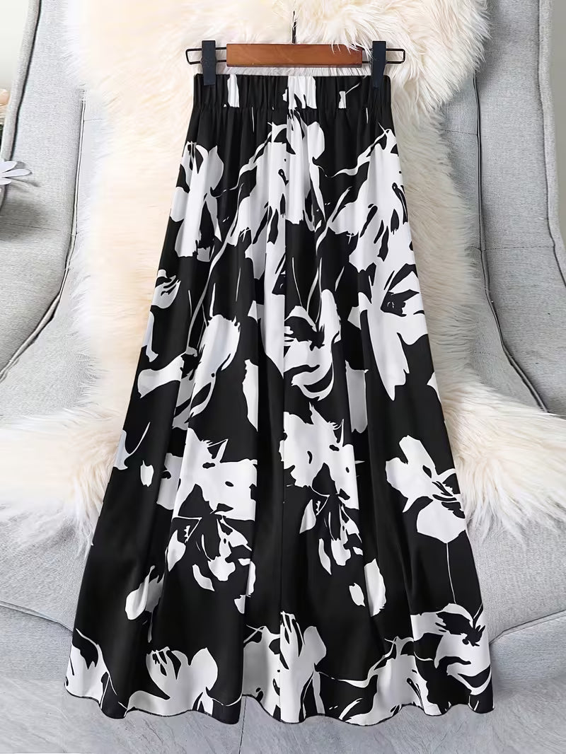 Modern Monochrome Floral Flared Skirt Black Base with White Abstract Florals and Airy Feminine Fit