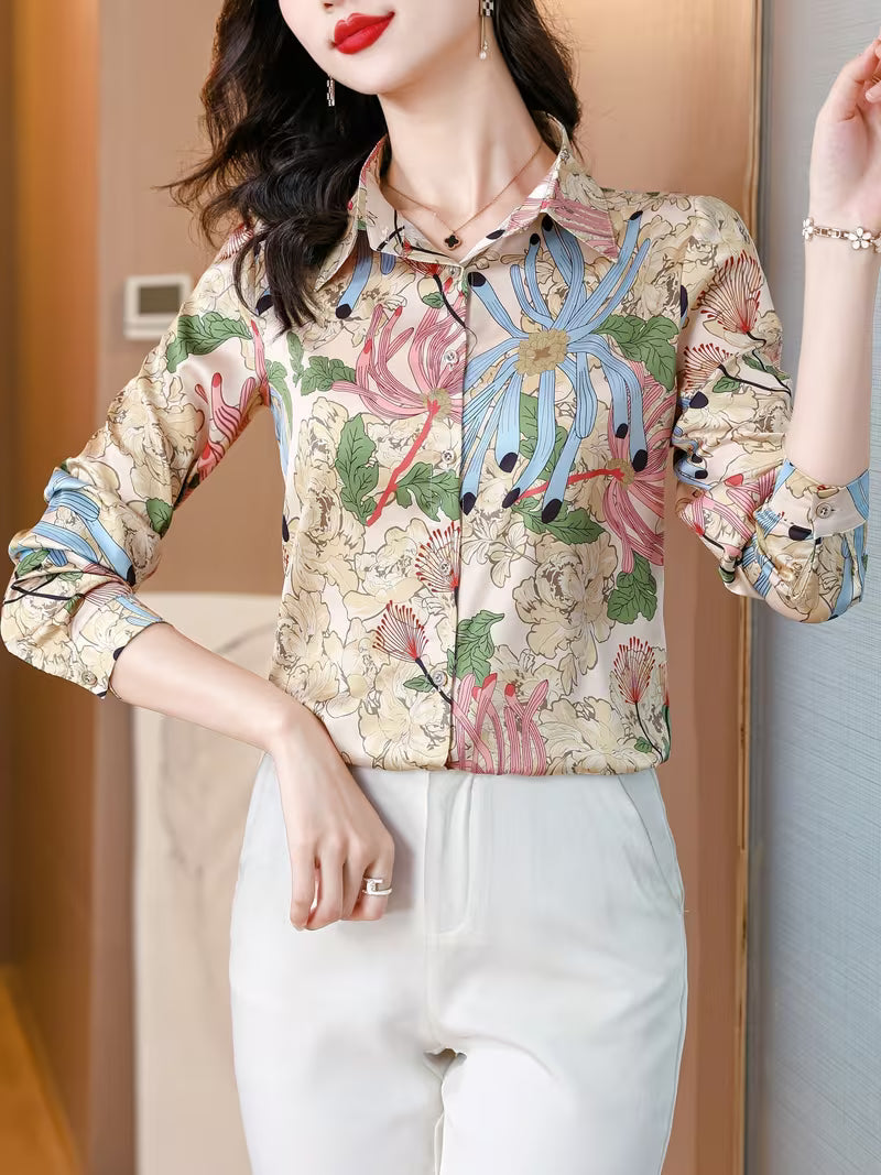 Luxury Silk-Blend Floral Print with Pointed Collar shirt