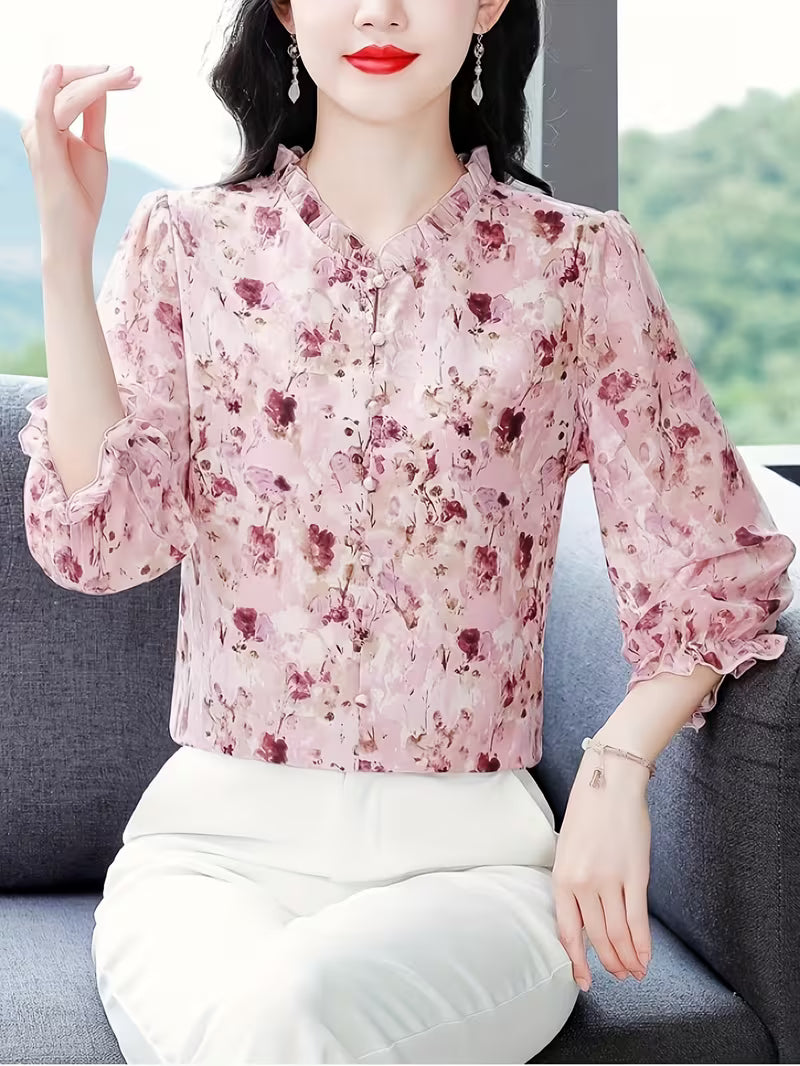 Elegant Floral Ruffle And Soft Pink & Burgundy Floral Top
