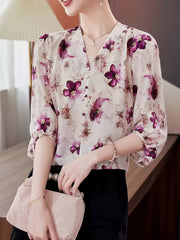 Elegant Floral V-Neck,Vintage Floral Print Top