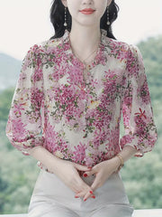 Elegant Lavender Floral Print Chiffon  with Ruffled Neck Top