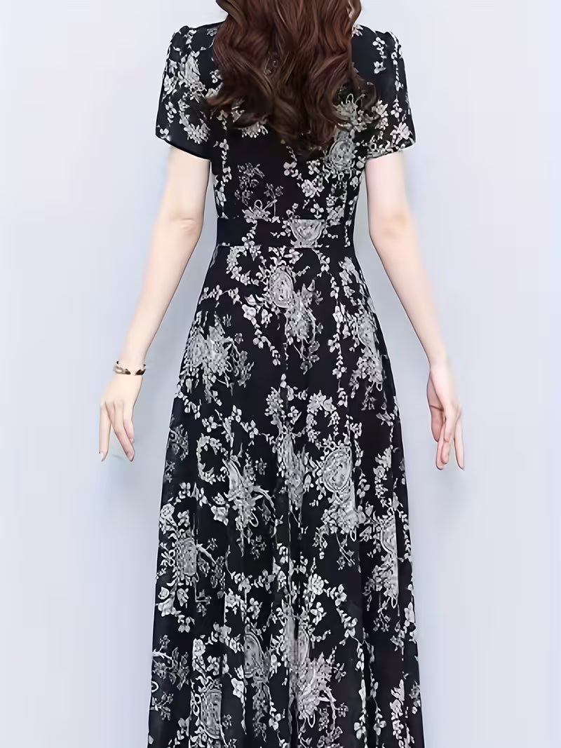 Black Blossom Vintage Floral Print Luxury   Dress