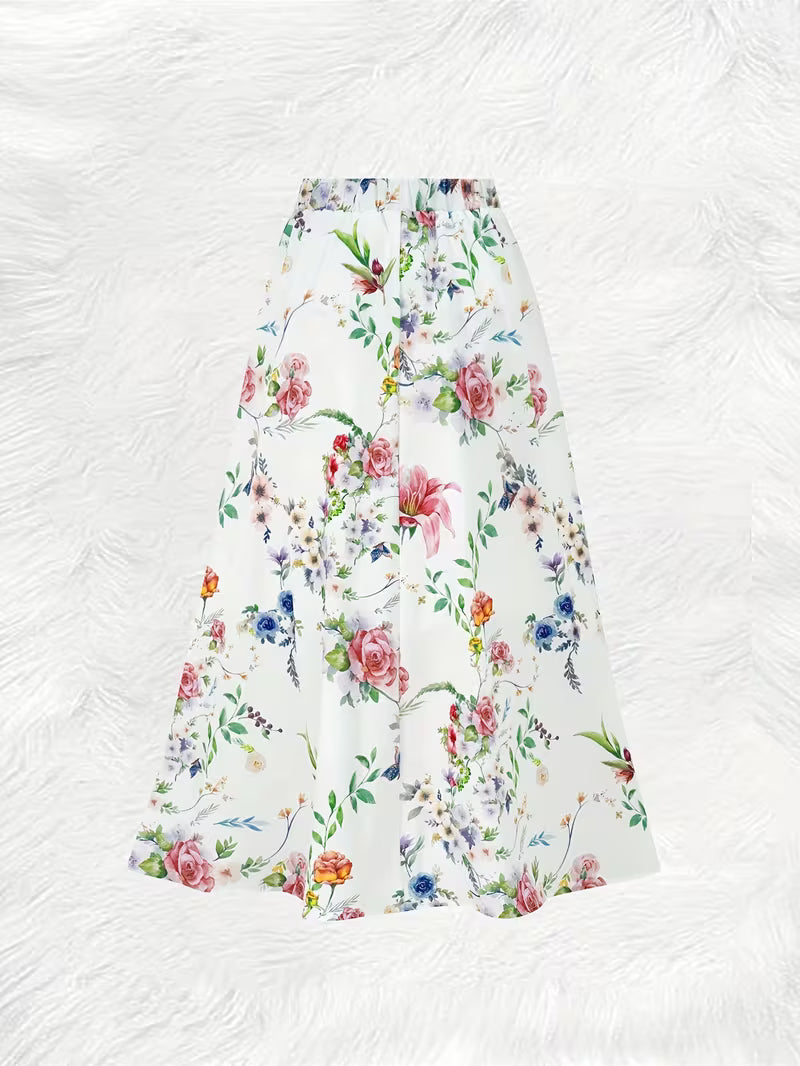 White Floral Printed Rayon Crepe Long Skirt