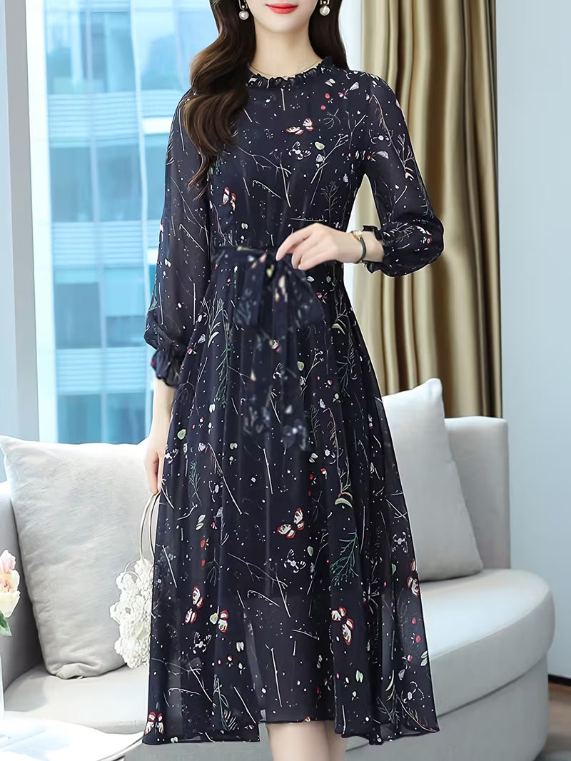Midnight Bloom Tie-Waist Midi Dress