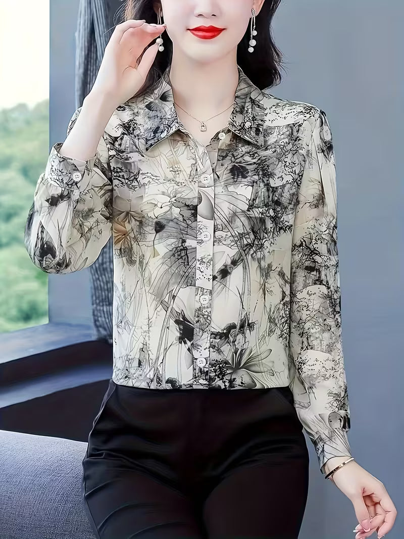 Abstract Floral Digital Print Color Black & Grey Shirt