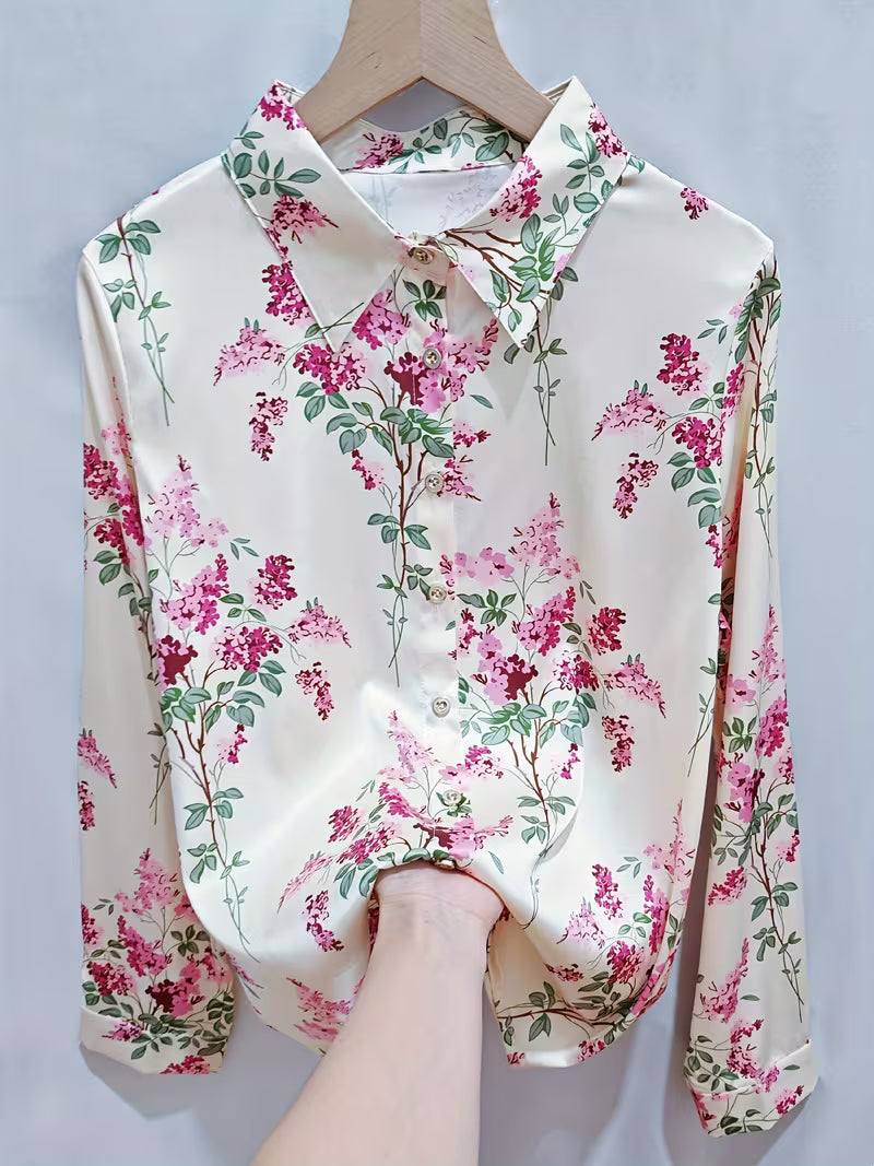 Vintage Botanical Floral Print Button-Down Satin Shirt