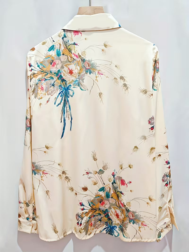 Vintage-Inspired Floral Bouquet Satin With   Pointed Collar  Button-Down Shirt