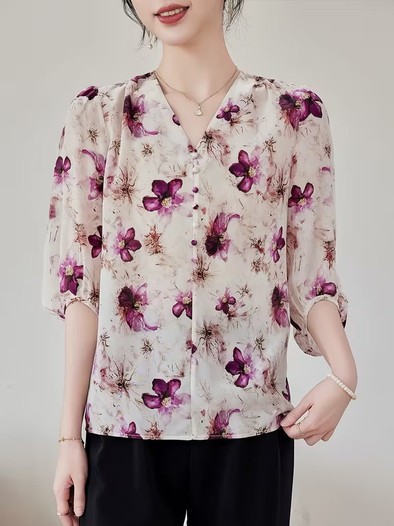 Elegant Floral V-Neck,Vintage Floral Print Top
