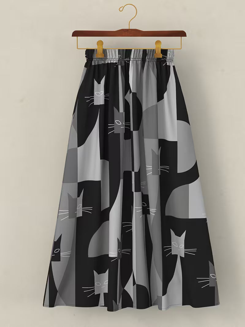 The "Feline Mod" Midi: Abstract Geometric A-Line Skirt